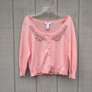 Candie's peachy salmon pearl beadwork cardigan, XL